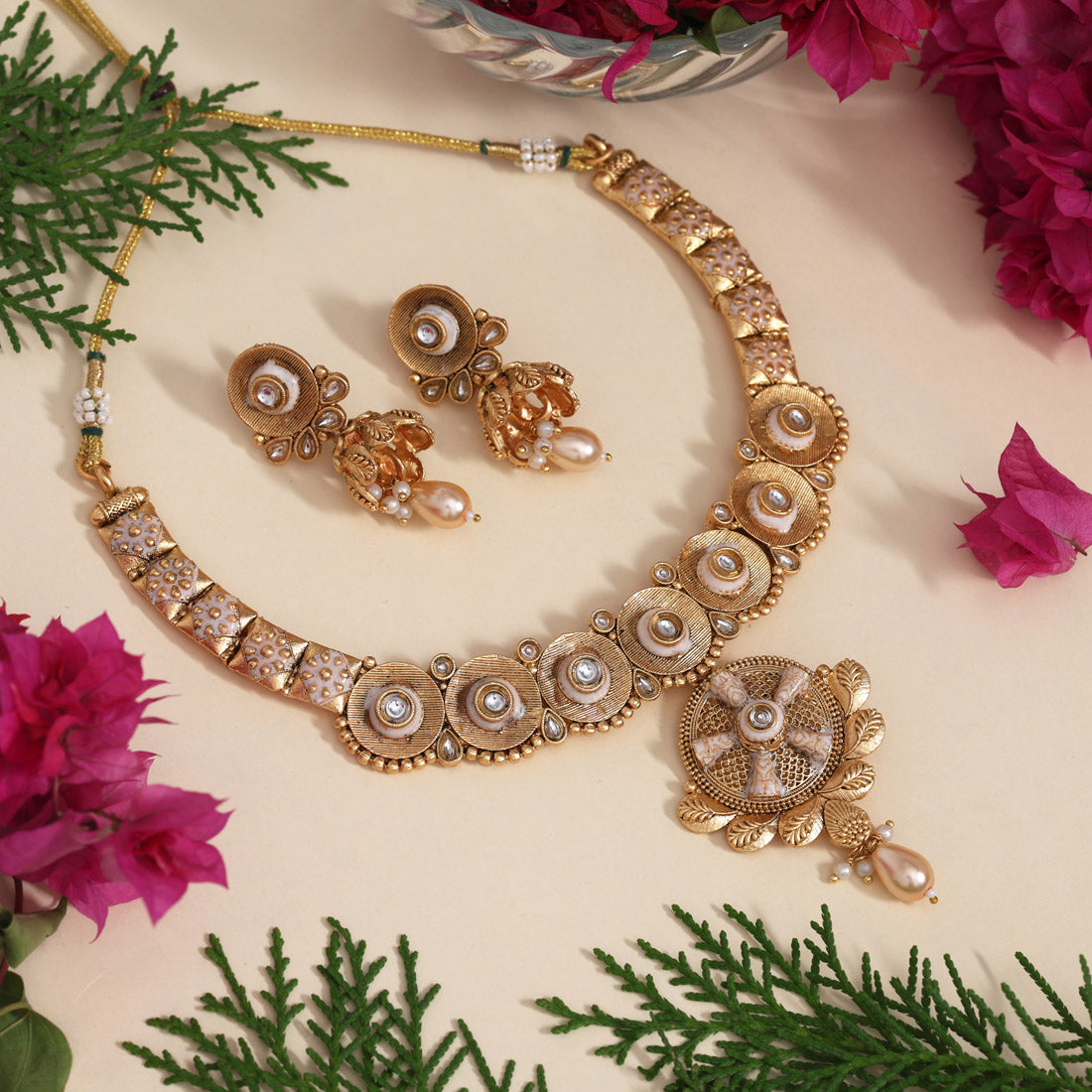 White Color Meena Work Matte Gold Rajwadi Temple Necklace Set (TPLN671WHT)