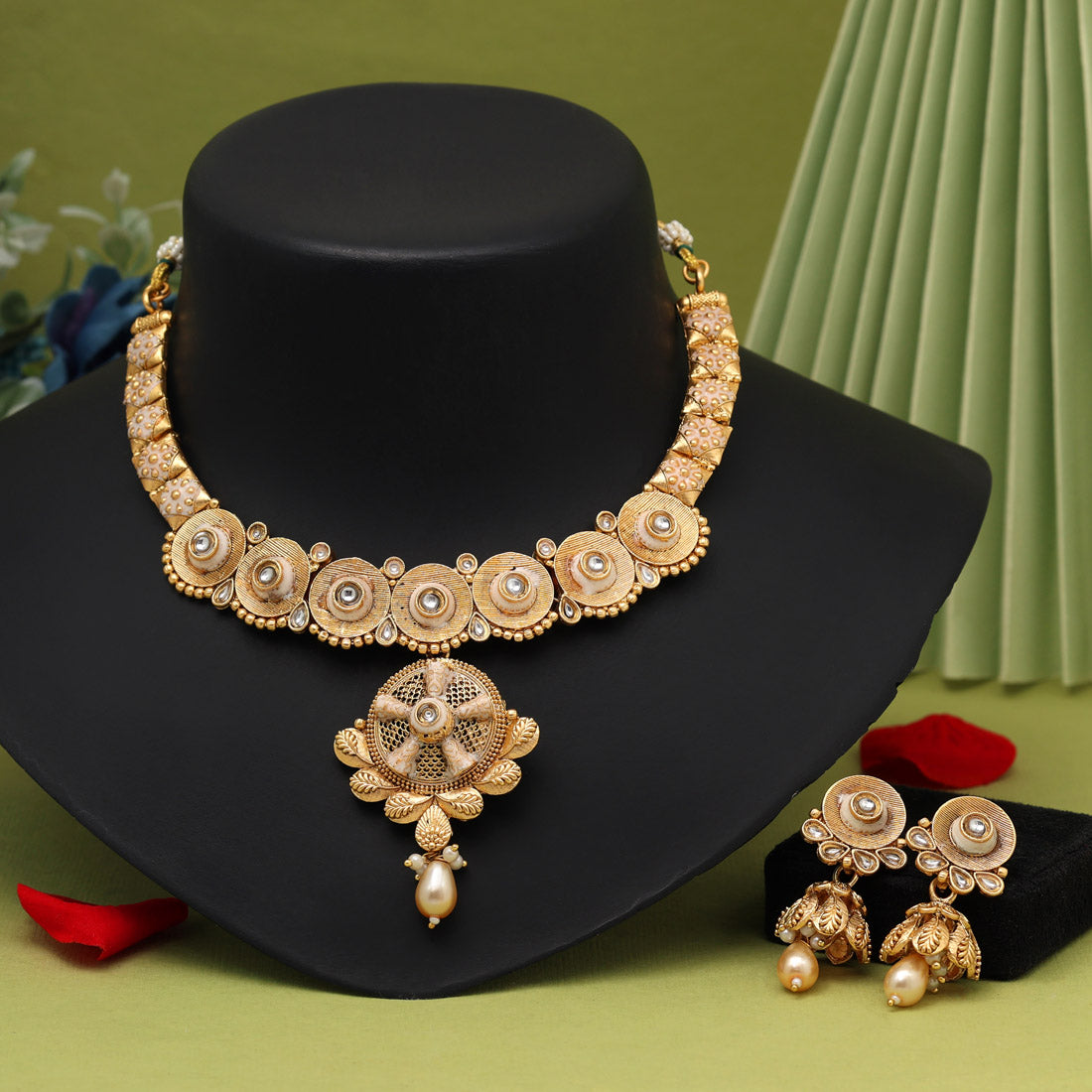 White Color Meena Work Matte Gold Rajwadi Temple Necklace Set (TPLN671WHT)