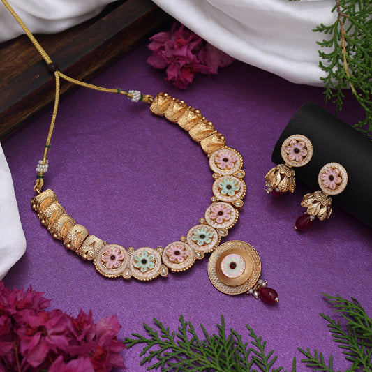 Rani & Green Color Matte Gold Rajwadi Temple Necklace Set (TPLN673RNIGRN)