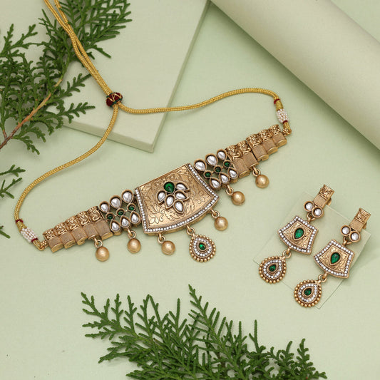 Green Color Choker Matte Gold Rajwadi Temple Necklace Set (TPLN680GRN)