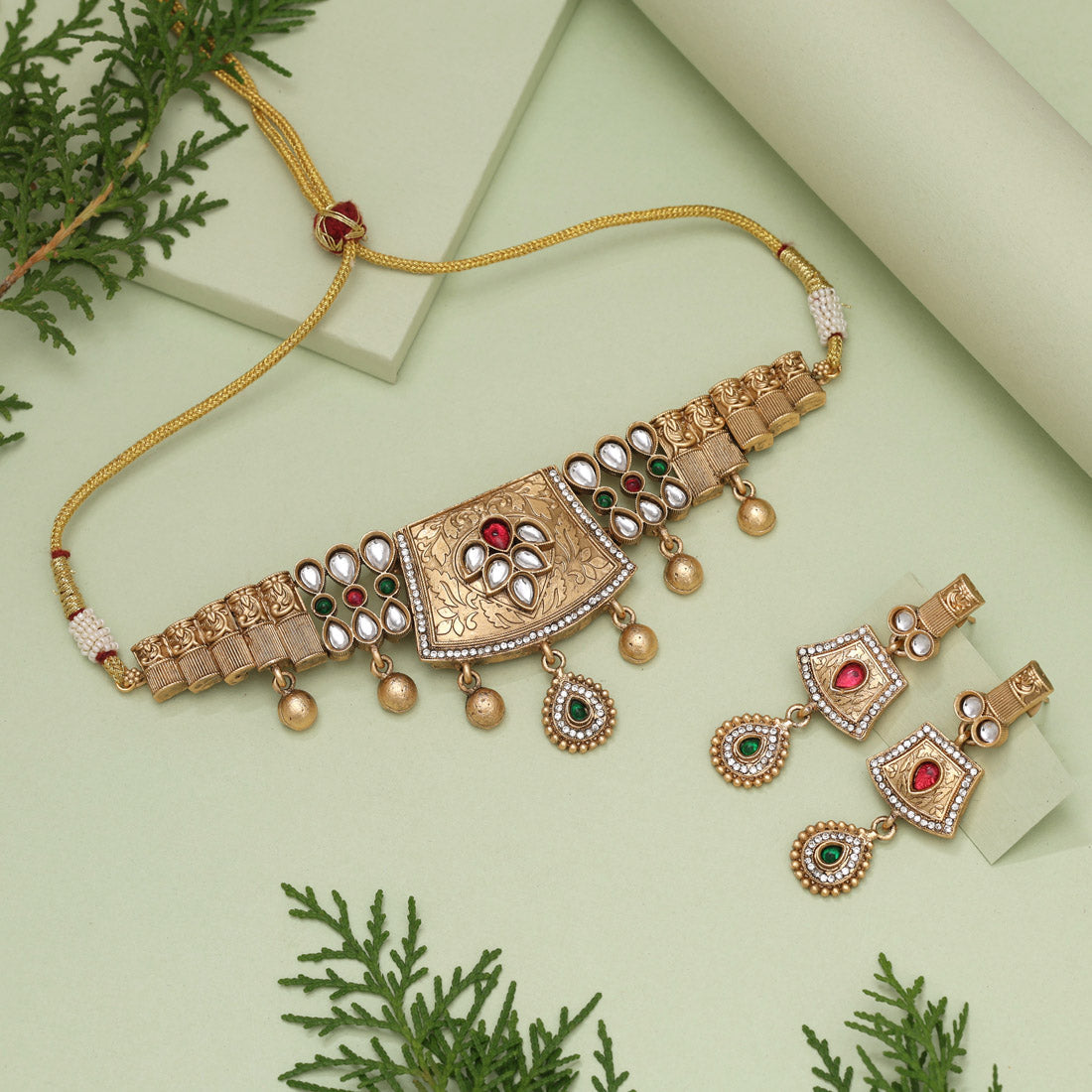 Rani & Green Color Choker Matte Gold Rajwadi Temple Necklace Set (TPLN680RNIGRN)
