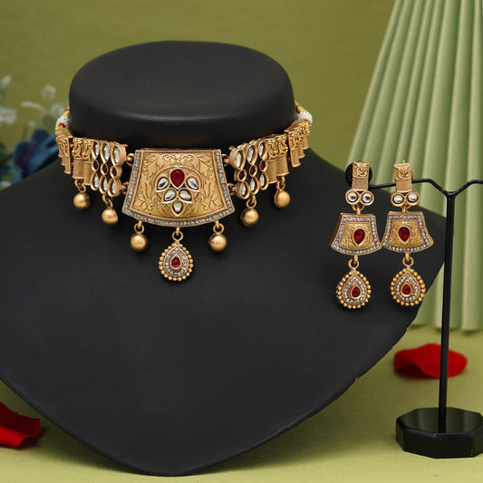 Rani Color Choker Matte Gold Rajwadi Temple Necklace Set (TPLN680RNI)