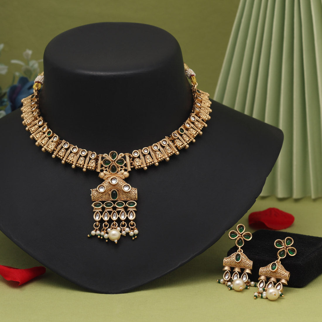 Green Color Matte Gold Rajwadi Temple Necklace Set (TPLN681GRN)
