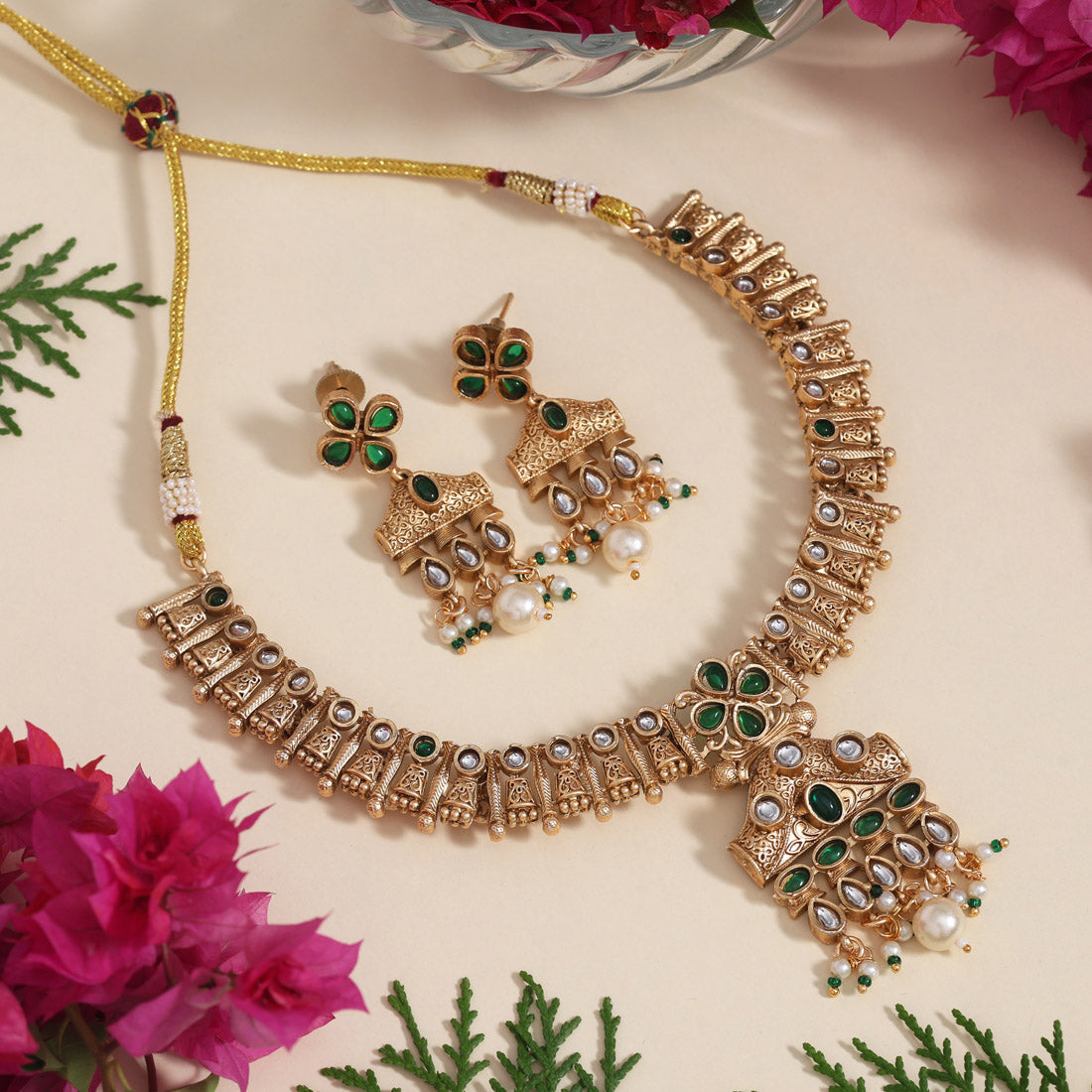 Green Color Matte Gold Rajwadi Temple Necklace Set (TPLN681GRN)