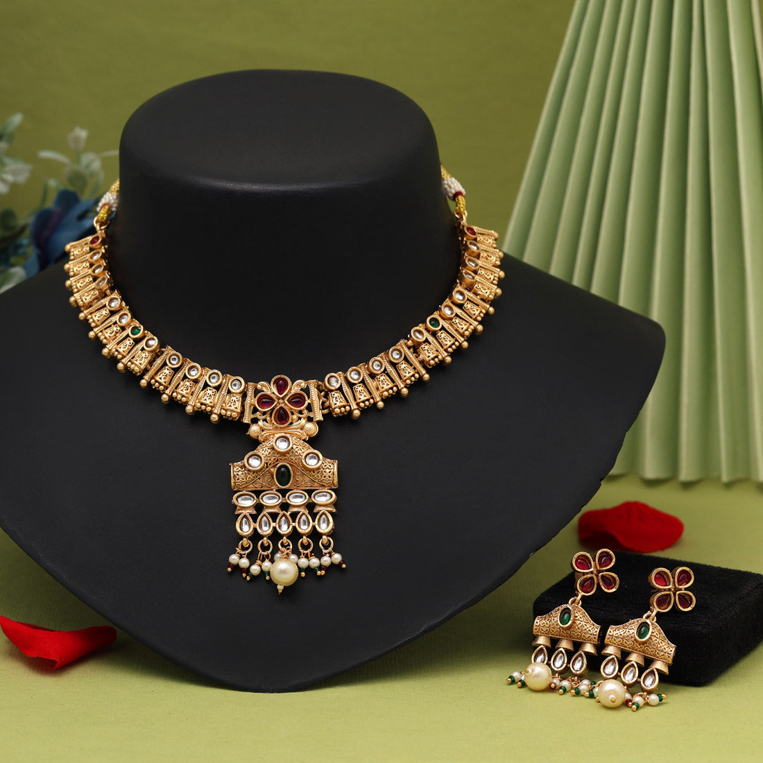 Rani & Green Color Matte Gold Rajwadi Temple Necklace Set (TPLN681RNIGRN)
