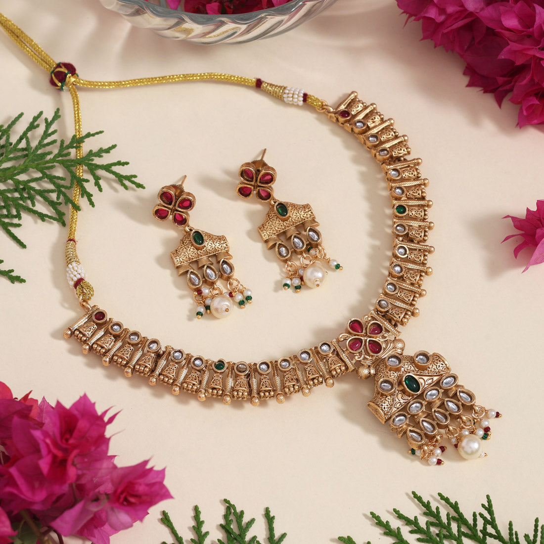 Rani & Green Color Matte Gold Rajwadi Temple Necklace Set (TPLN681RNIGRN)
