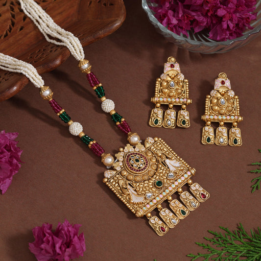 Multi Color Matte Gold Rajwadi Temple Necklace Set (TPLN683MLT)