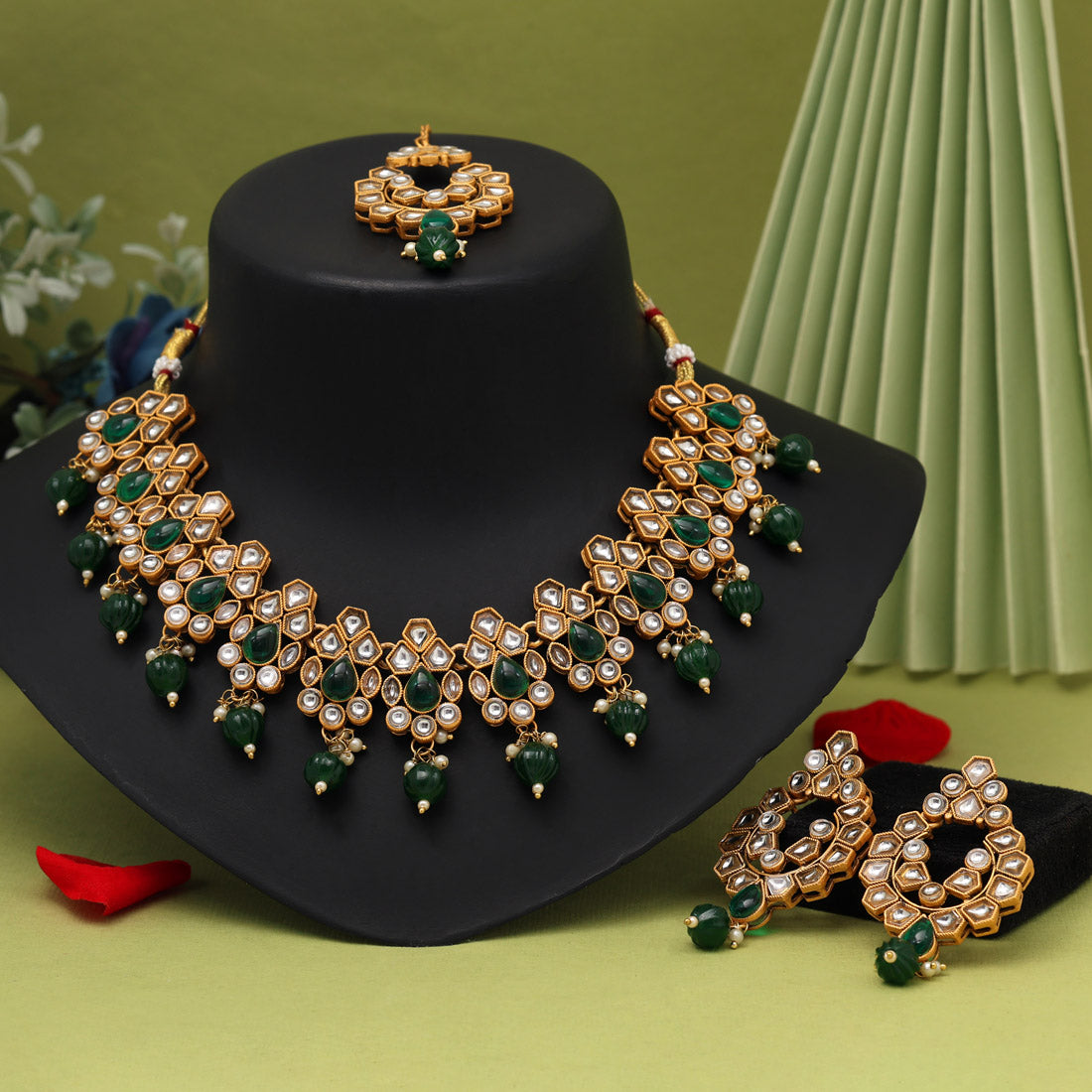Green Color Matte Gold Rajwadi Temple Necklace Set (TPLN685GRN)