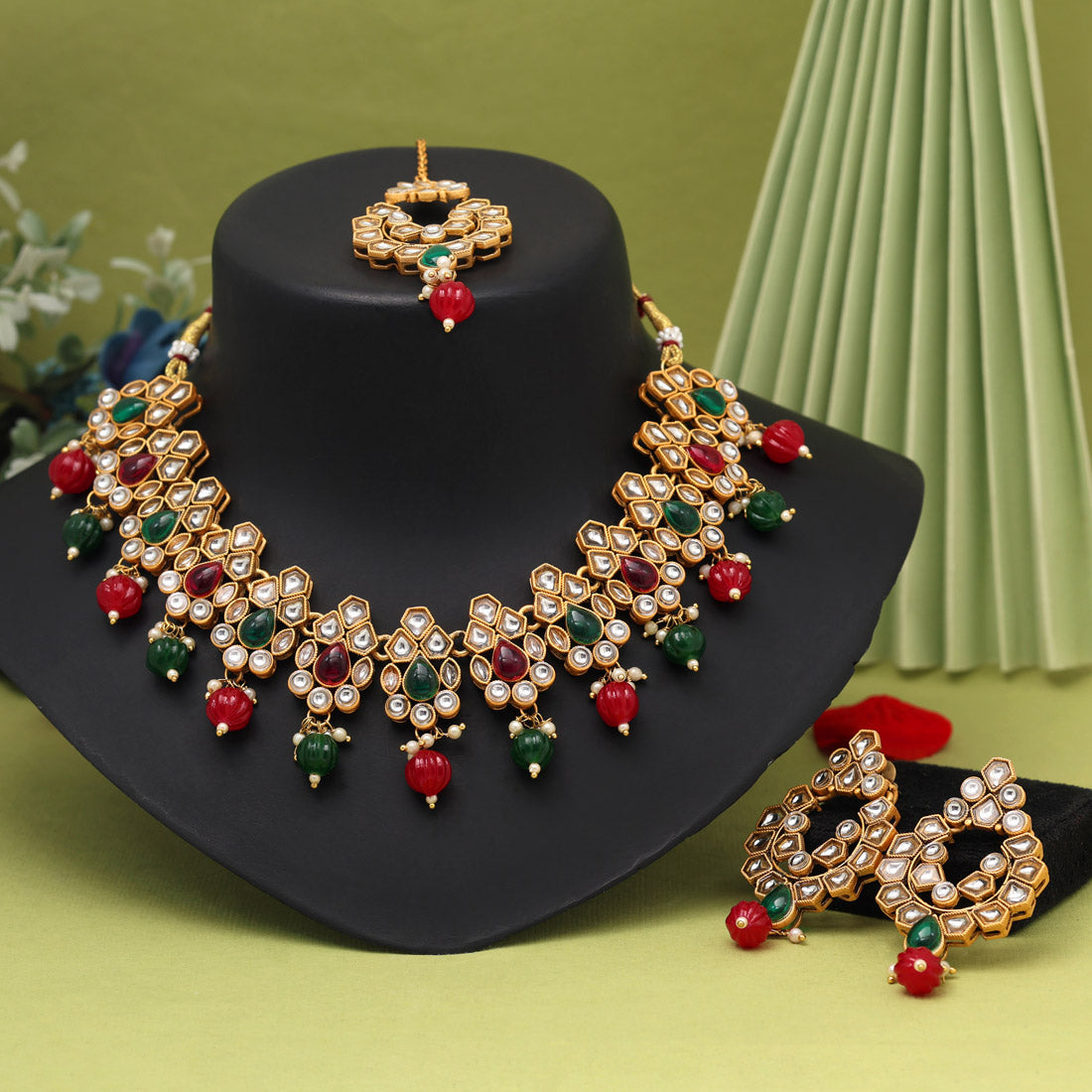 Rani & Green Color Matte Gold Rajwadi Temple Necklace Set (TPLN685RNIGRN)