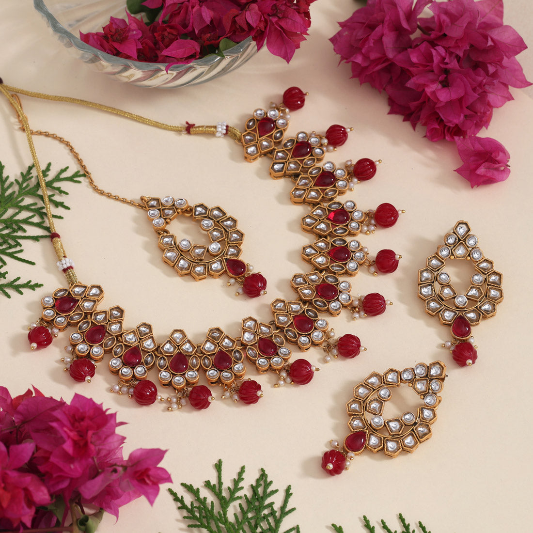 Rani Color Matte Gold Rajwadi Temple Necklace Set (TPLN685RNI)