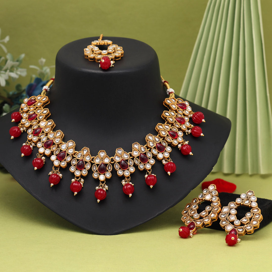 Rani Color Matte Gold Rajwadi Temple Necklace Set (TPLN685RNI)