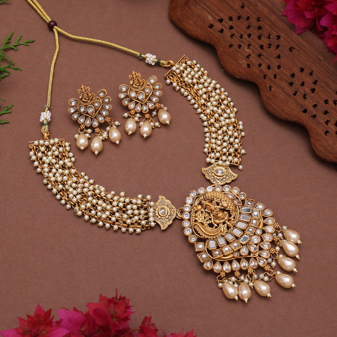 Gold Color Matte Gold Rajwadi Temple Necklace Set (TPLN686GLD)