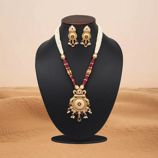 Rani Color Meena Work Matte Gold Rajwadi Temple Necklace Set (TPLN690RNI)