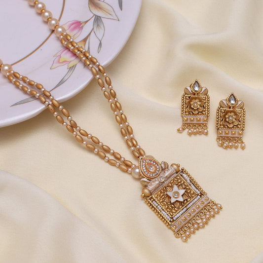 Gold Color Meena Work Matte Gold Rajwadi Temple Necklace Set (TPLN691GLD)