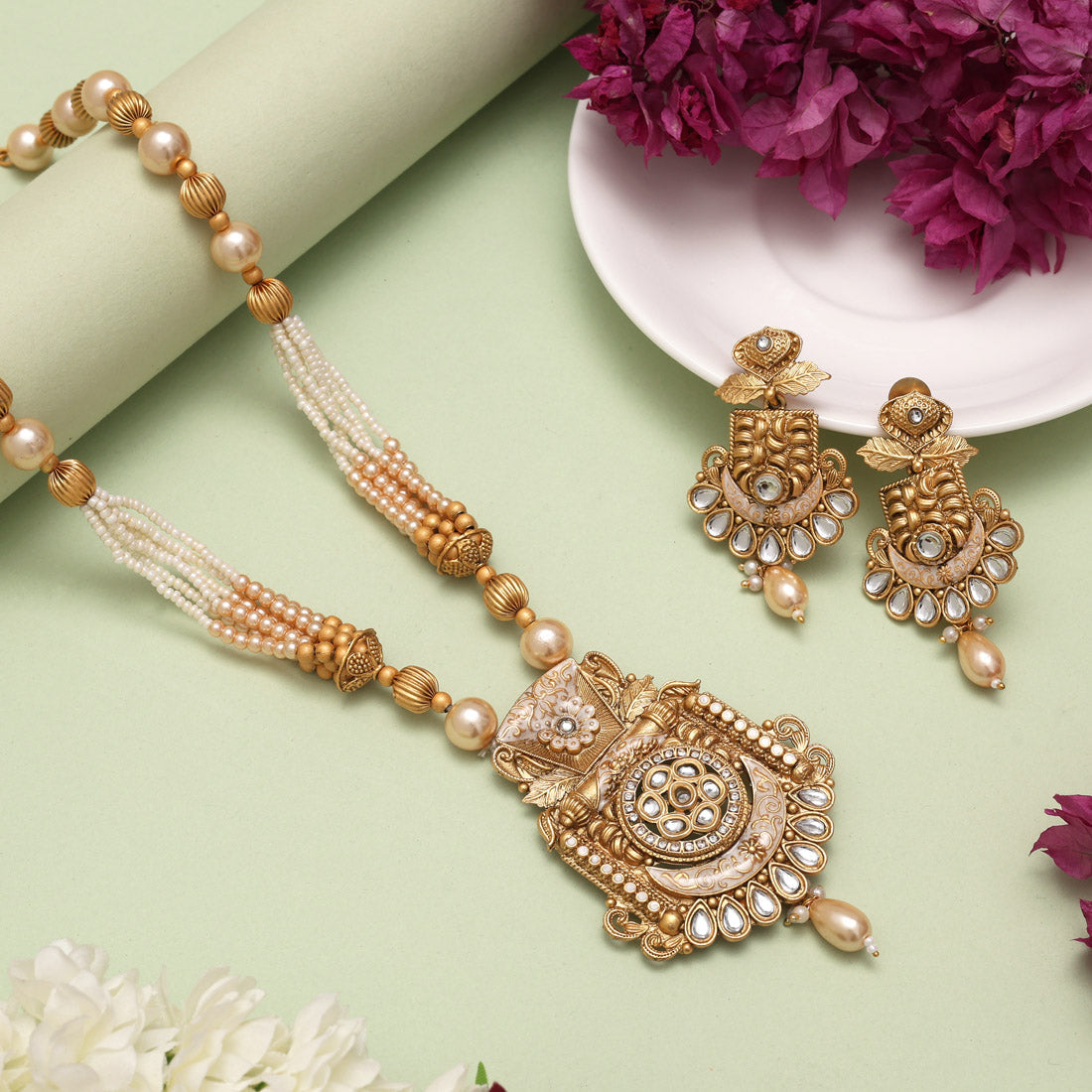 Gold Color Meena Work Matte Gold Rajwadi Temple Necklace Set (TPLN695GLD)