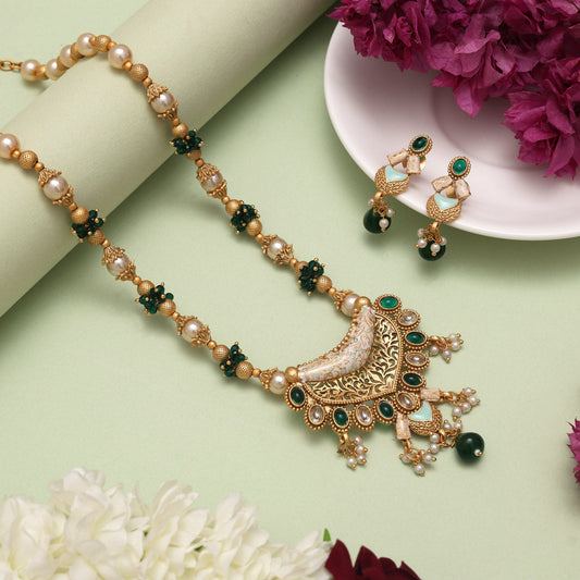 Green Color Meena Work Matte Gold Rajwadi Temple Necklace Set (TPLN696GRN)