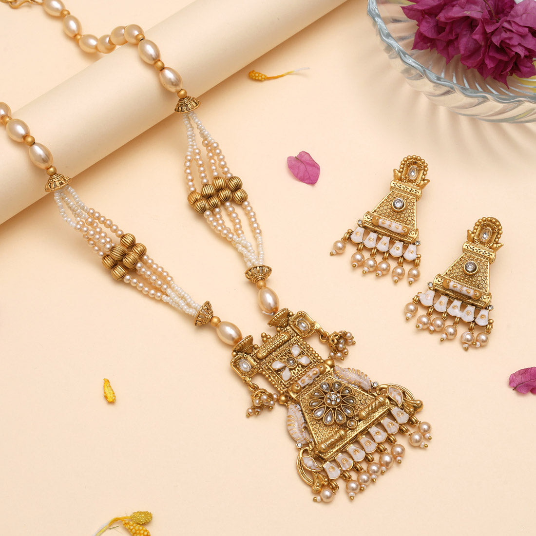 Gold Color Meena Work Matte Gold Rajwadi Temple Necklace Set (TPLN697GLD)