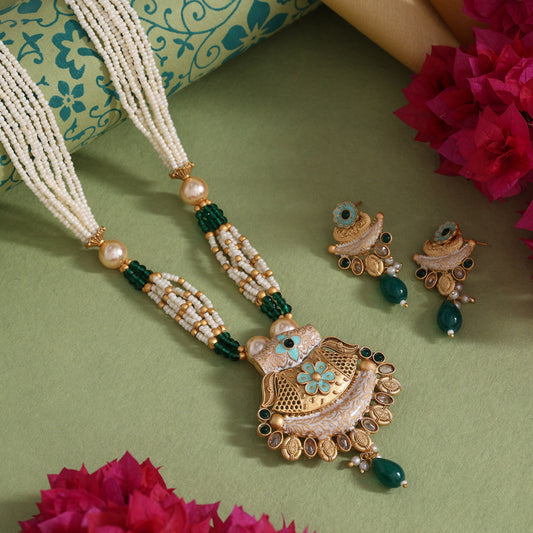 Green Color Meena Work Matte Gold Rajwadi Temple Necklace Set (TPLN710GRN)