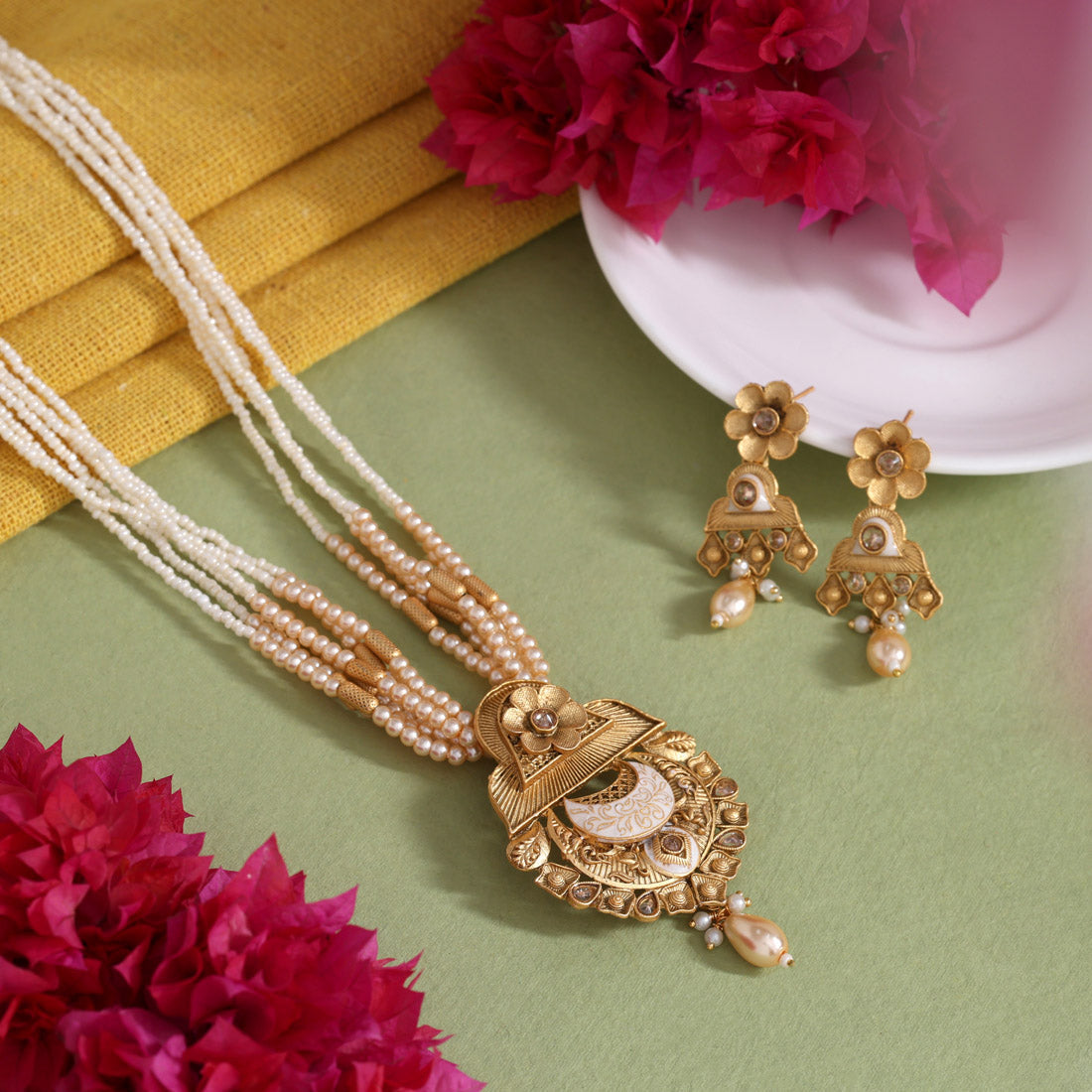 Gold Color Meena Work Matte Gold Rajwadi Temple Necklace Set (TPLN714GLD)