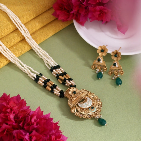 Green Color Meena Work Matte Gold Rajwadi Temple Necklace Set (TPLN714GRN)