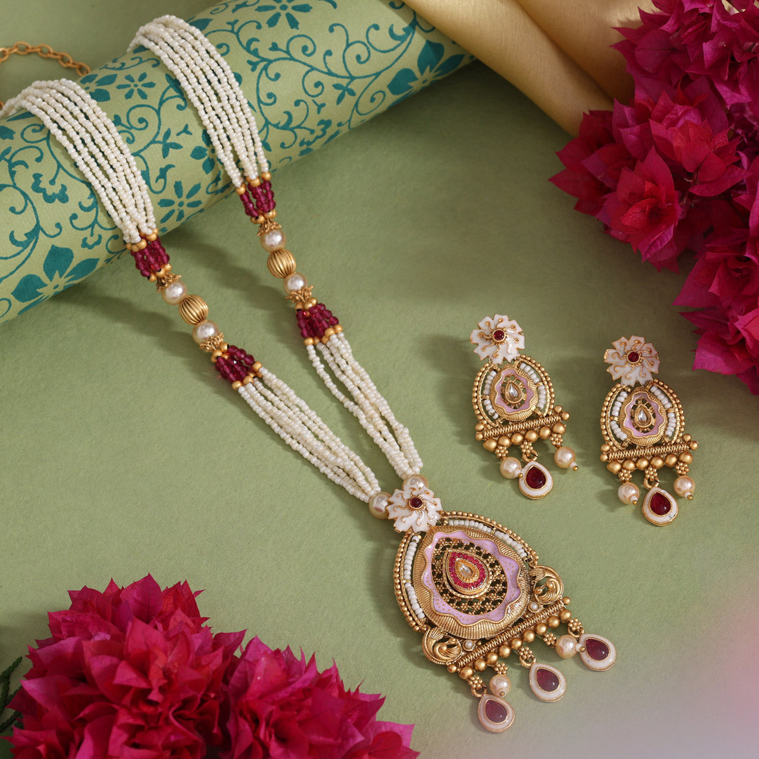 Rani Color Meena Work Matte Gold Rajwadi Temple Necklace Set (TPLN717RNI)