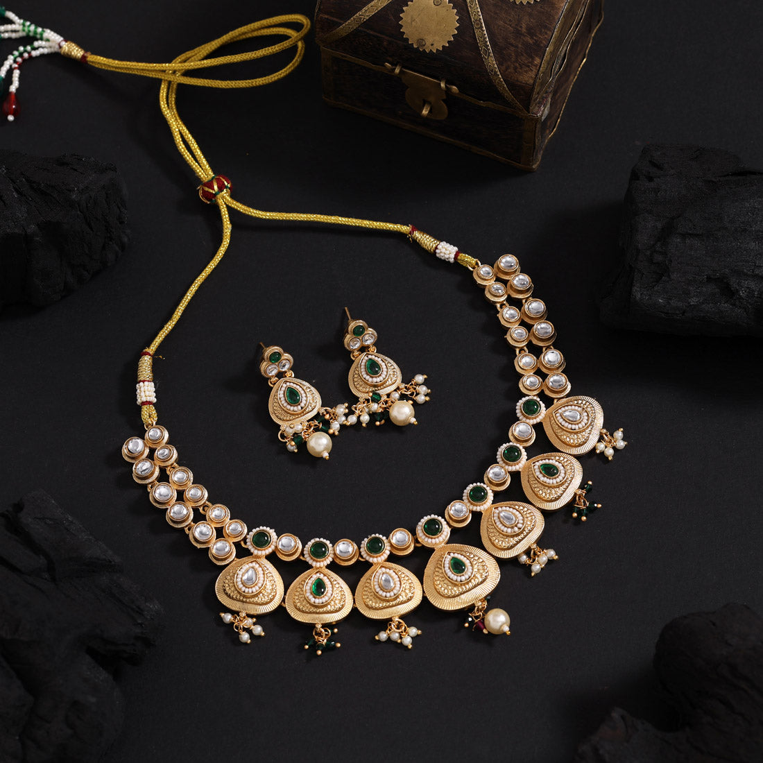 Green Color Matte Gold Rajwadi Temple Necklace Set (TPLN723GRN)