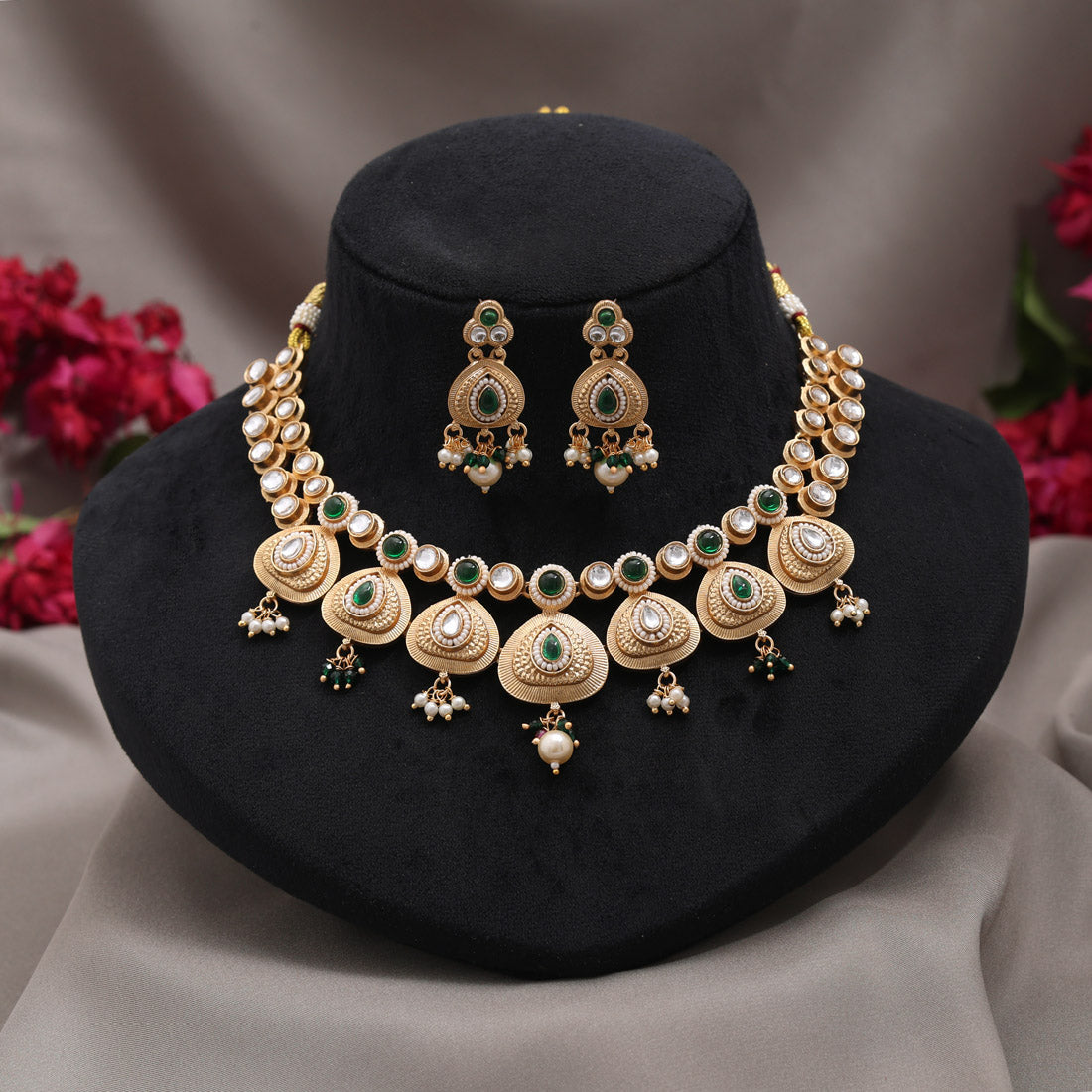 Green Color Matte Gold Rajwadi Temple Necklace Set (TPLN723GRN)