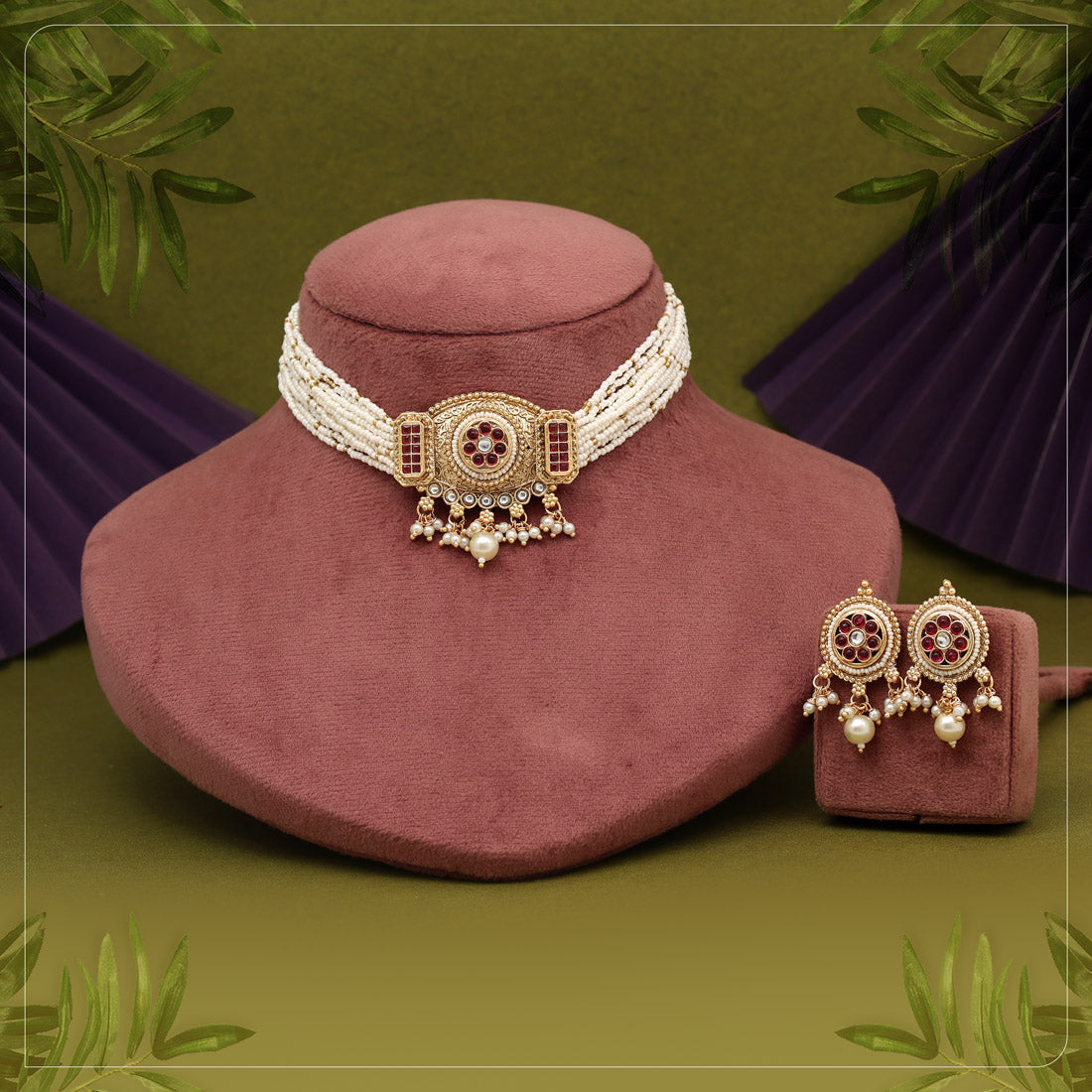 Rani Color Choker Matte Gold Rajwadi Temple Necklace Set