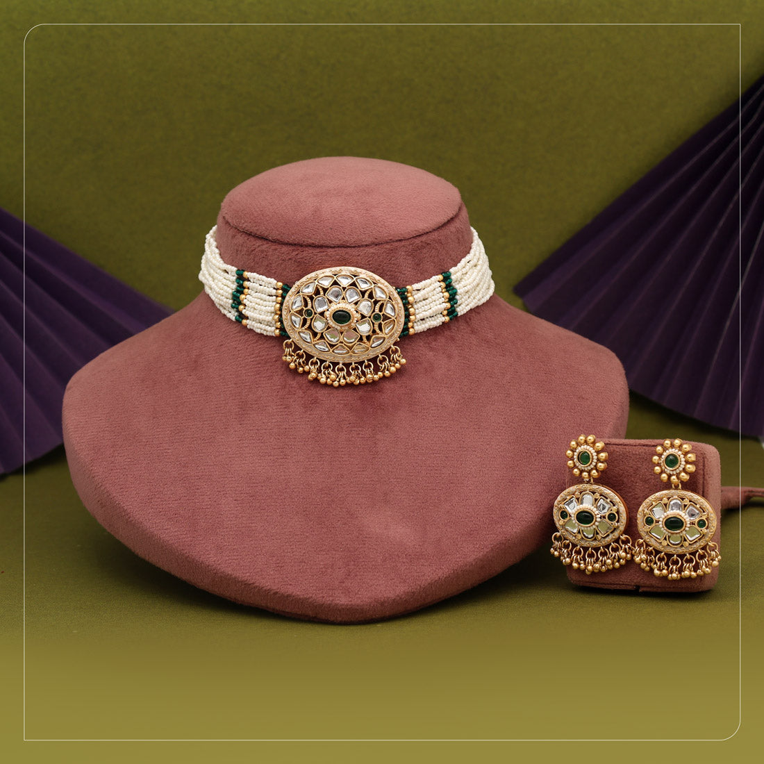 Green Color Choker Matte Gold Rajwadi Temple Necklace Set