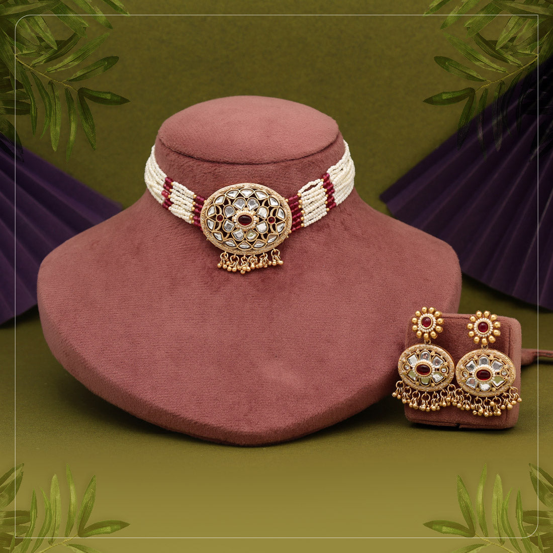 Rani Color Choker Matte Gold Rajwadi Temple Necklace Set