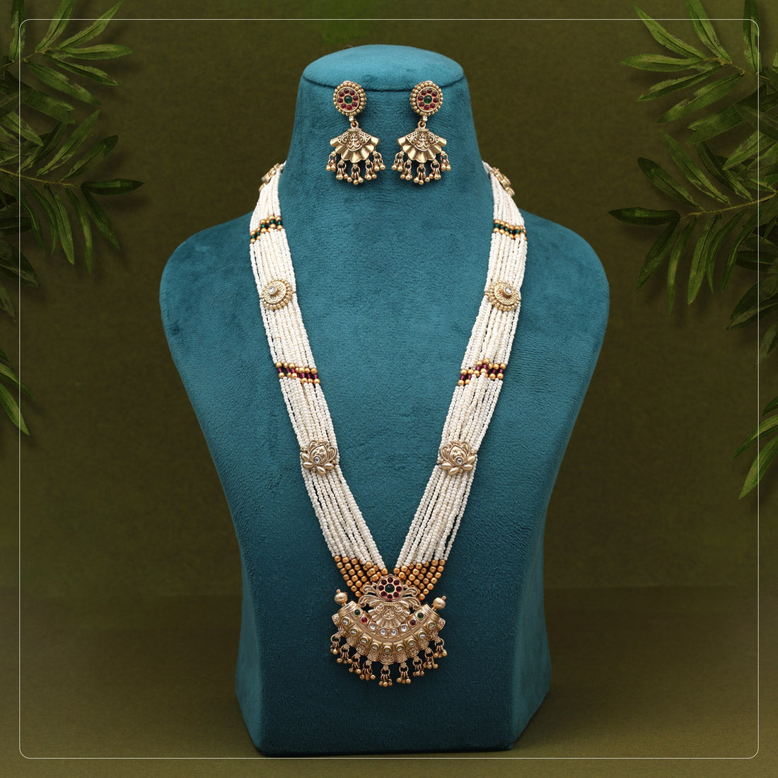 Rani & Green Color Long Matte Gold Rajwadi Temple Necklace Set