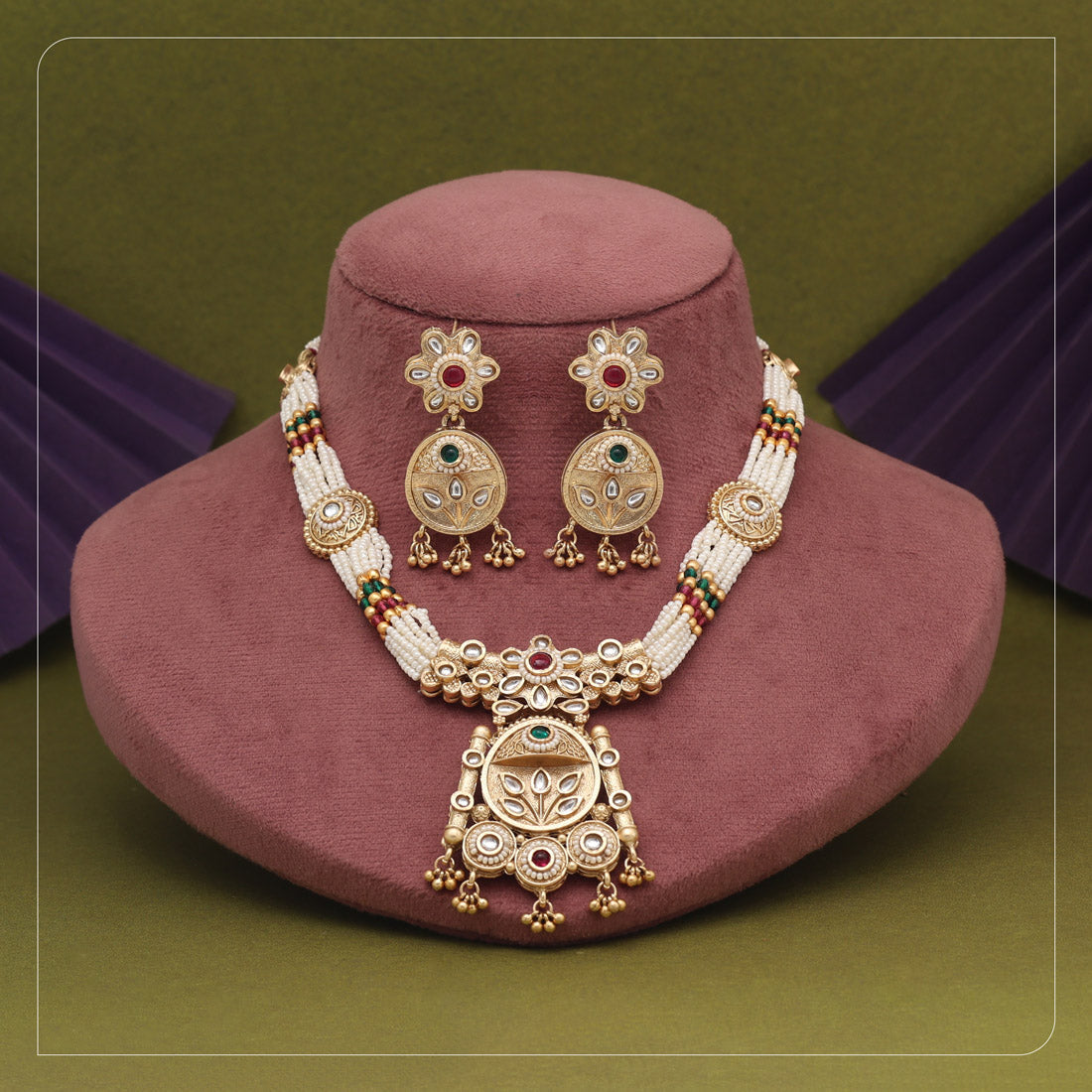 Rani & Green Color Matte Gold Rajwadi Temple Necklace Set