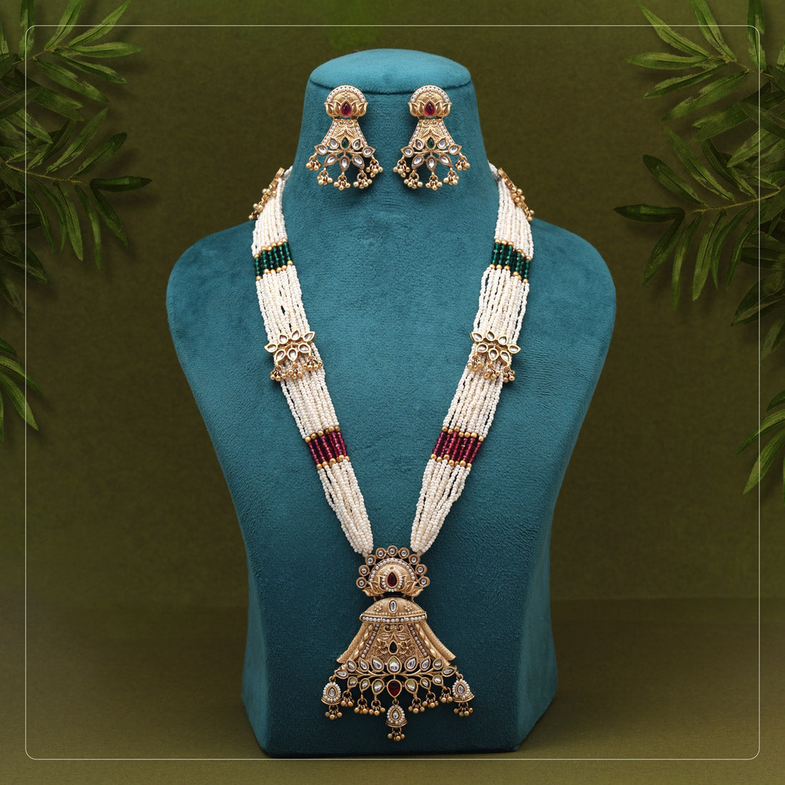 Rani & Green Color Long Matte Gold Rajwadi Temple Necklace Set
