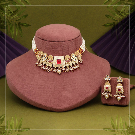 Rani Color Meena Work Matte Gold Rajwadi Temple Necklace Set