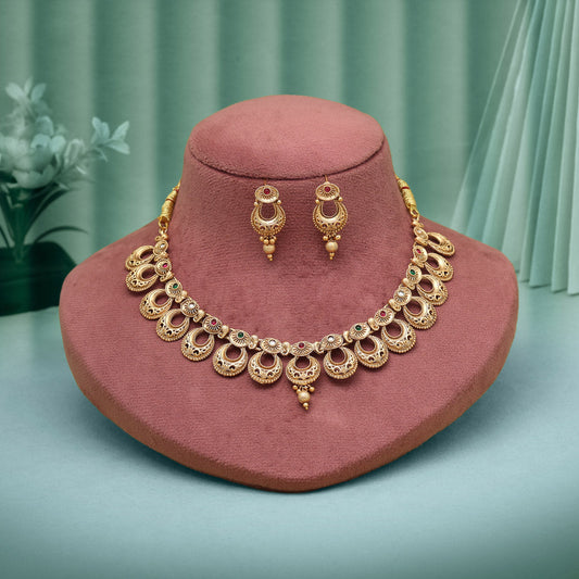 Rani & Green Color Matte Gold Rajwadi Temple Necklace Set