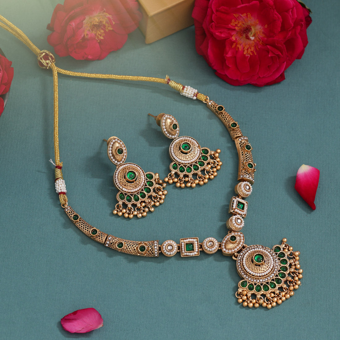 Green Color Matte Gold Rajwadi Temple Necklace Set