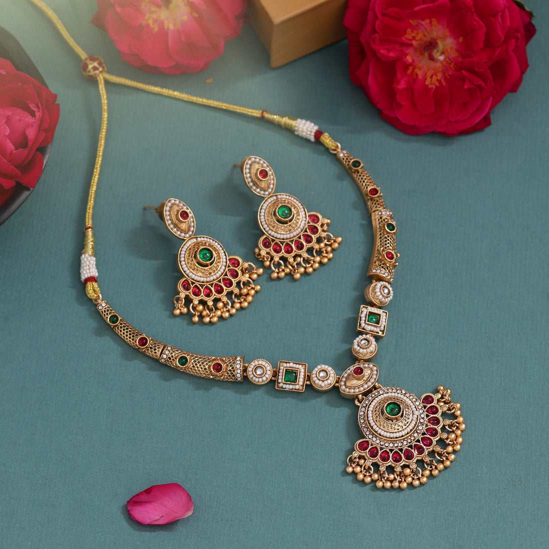Rani & Green Color Matte Gold Rajwadi Temple Necklace Set