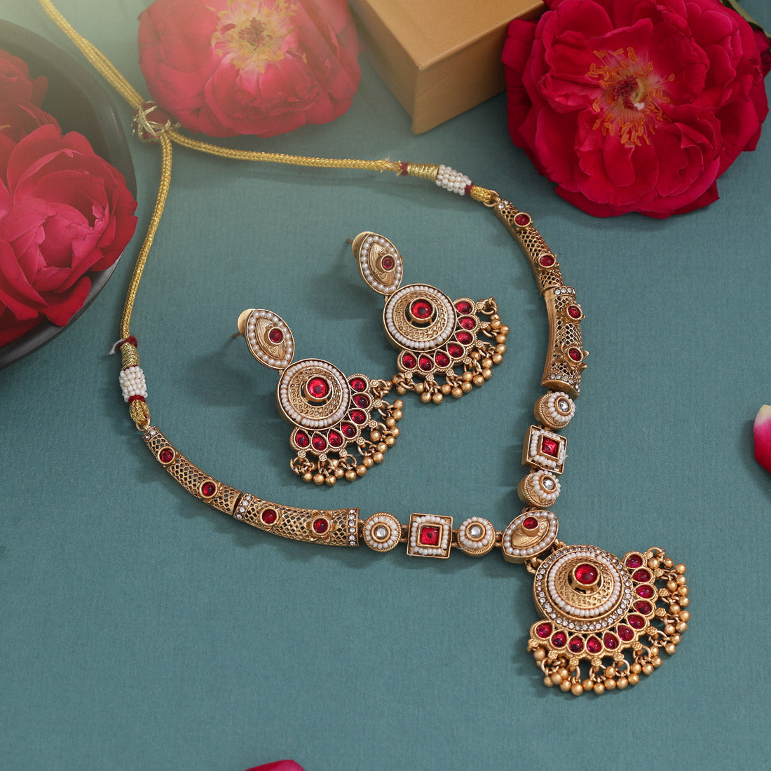 Rani Color Matte Gold Rajwadi Temple Necklace Set