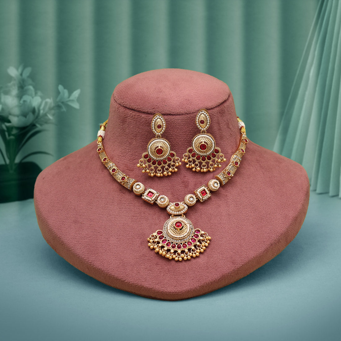 Rani Color Matte Gold Rajwadi Temple Necklace Set