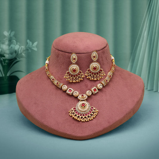 Rani Color Matte Gold Rajwadi Temple Necklace Set