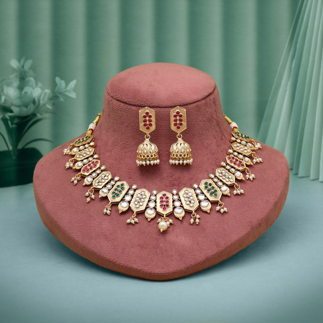 Rani & Green Color Matte Gold Rajwadi Temple Necklace Set