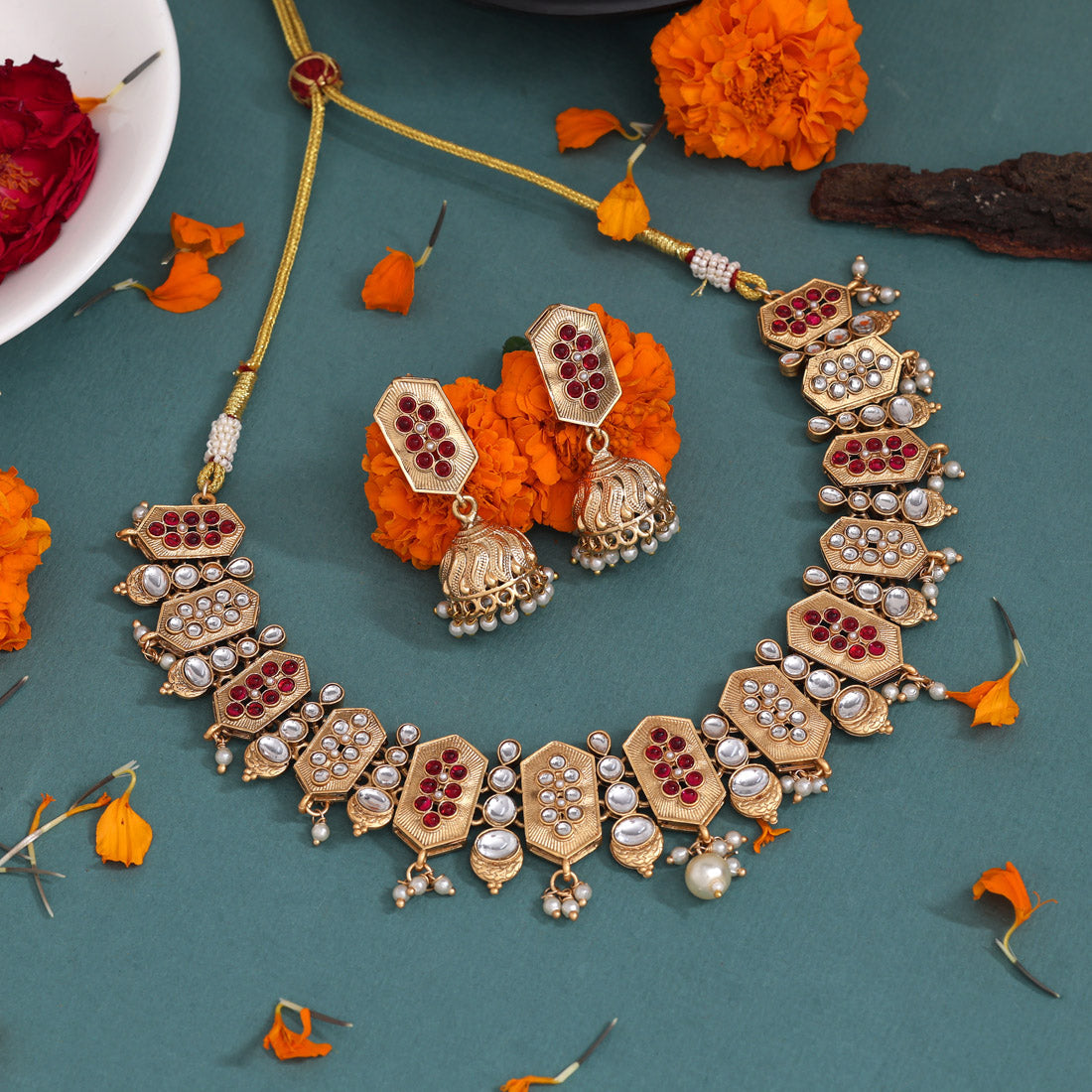 Rani Color Matte Gold Rajwadi Temple Necklace Set