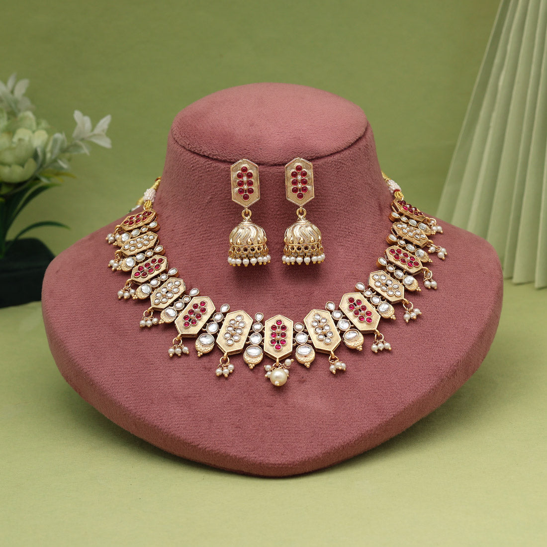 Rani Color Matte Gold Rajwadi Temple Necklace Set
