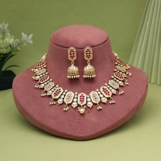 Rani Color Matte Gold Rajwadi Temple Necklace Set