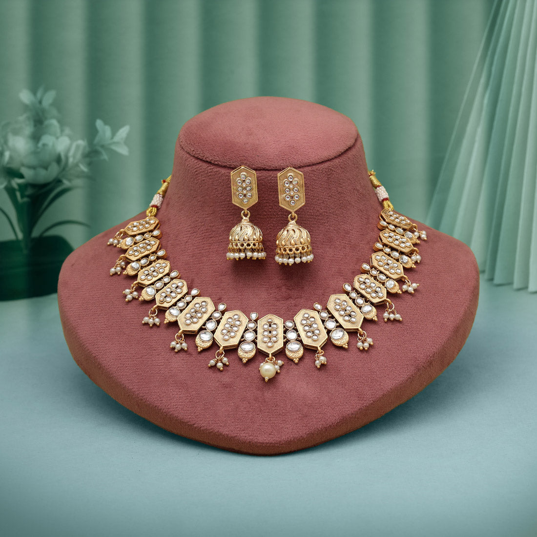 White Color Matte Gold Rajwadi Temple Necklace Set