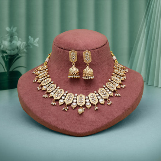 White Color Matte Gold Rajwadi Temple Necklace Set