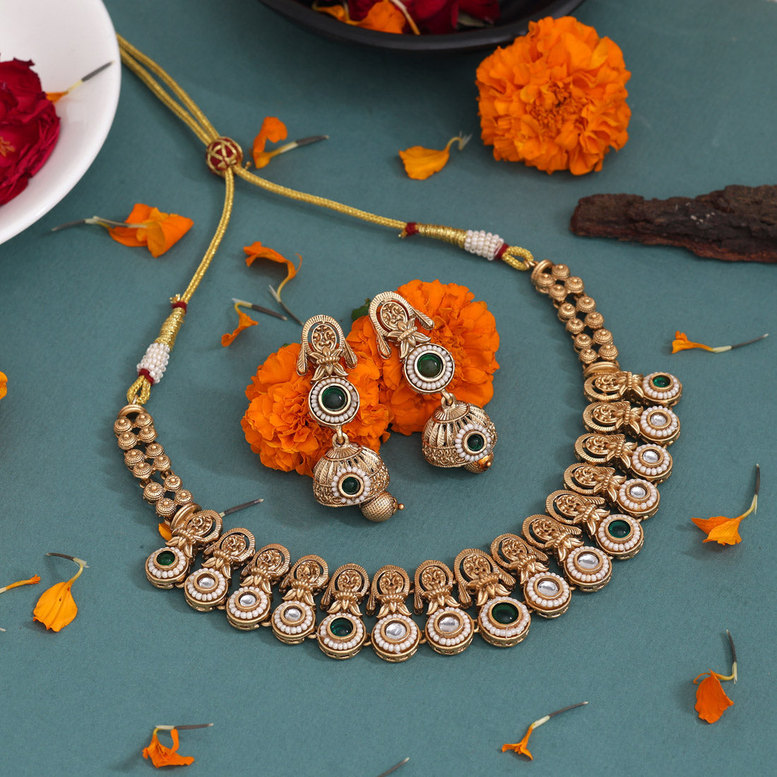 Green Color Matte Gold Rajwadi Temple Necklace Set