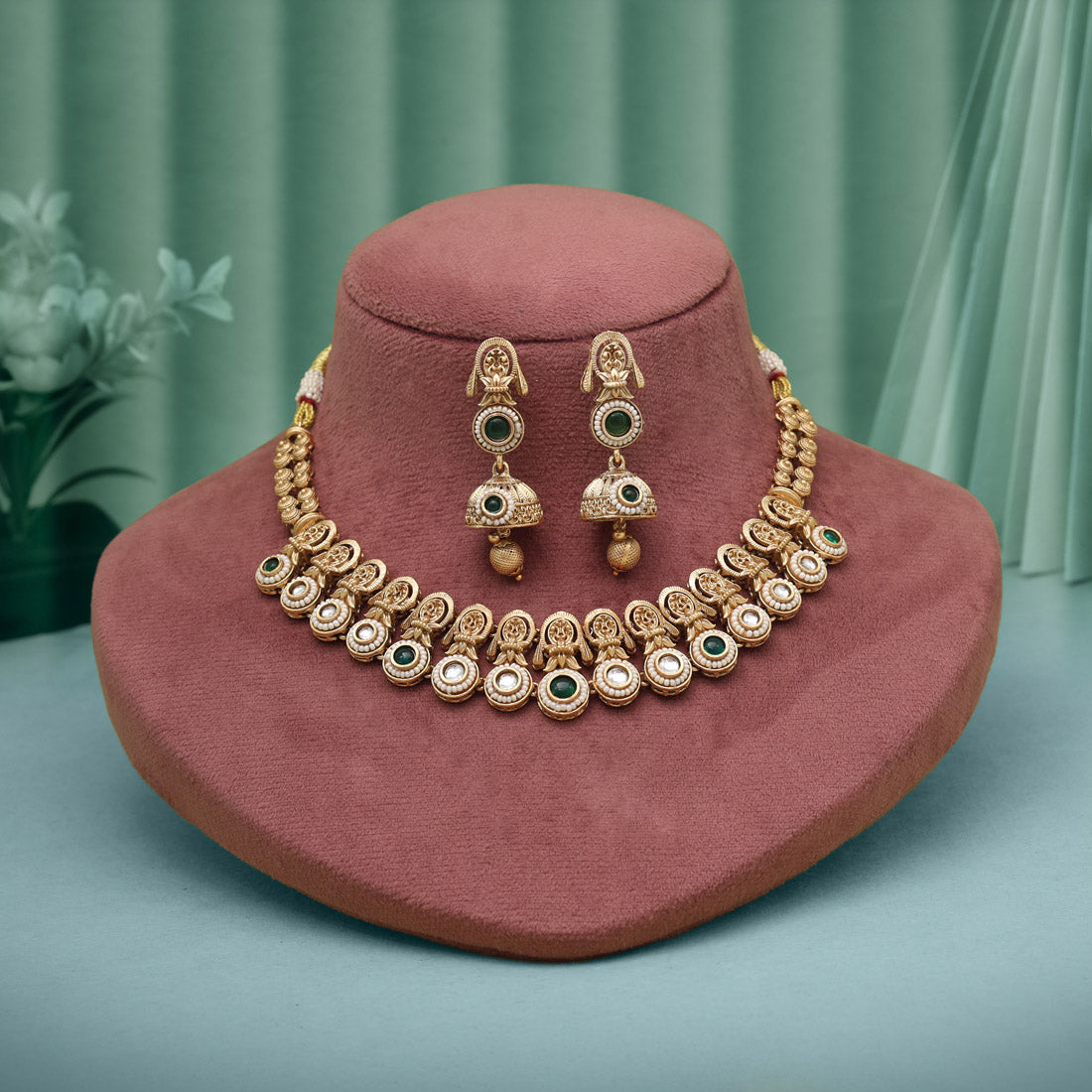 Green Color Matte Gold Rajwadi Temple Necklace Set