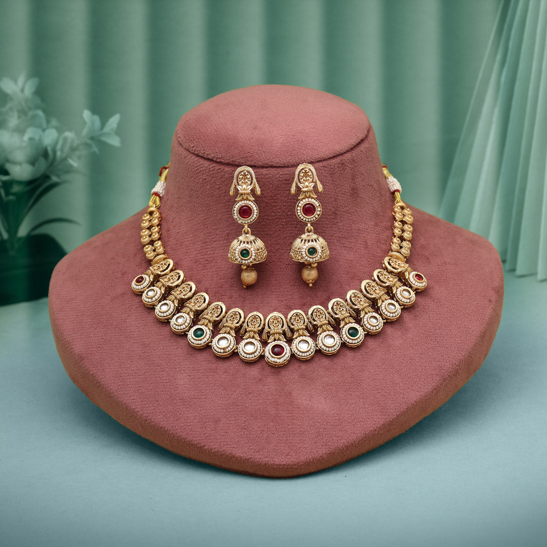 Rani & Green Color Matte Gold Rajwadi Temple Necklace Set