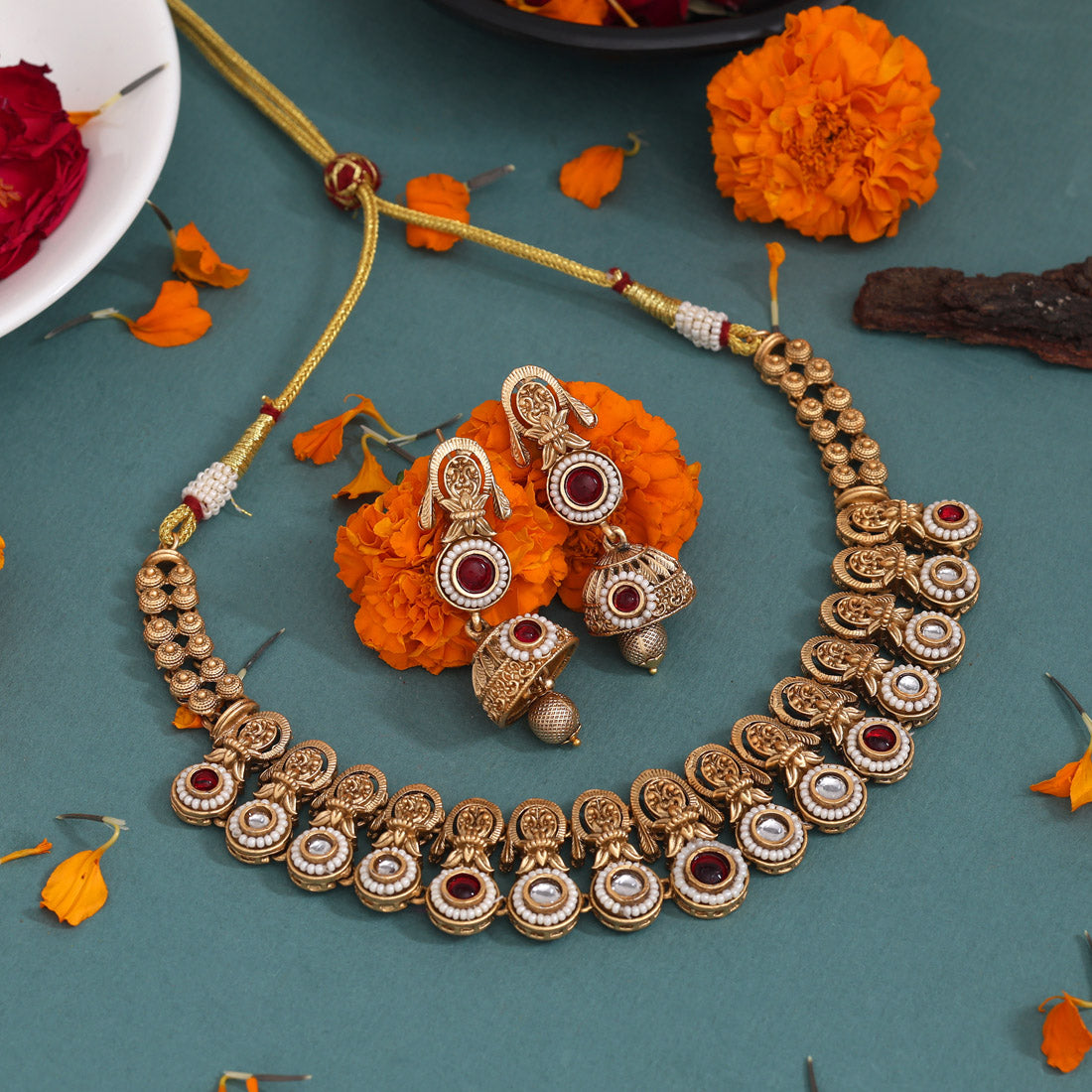 Rani Color Matte Gold Rajwadi Temple Necklace Set